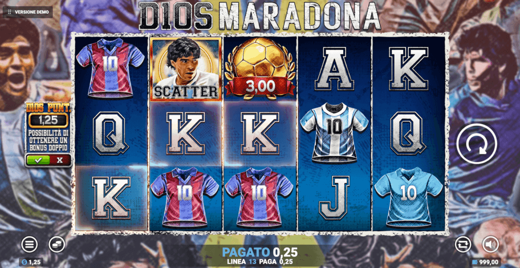 Schermata di gioco della slot Maradona